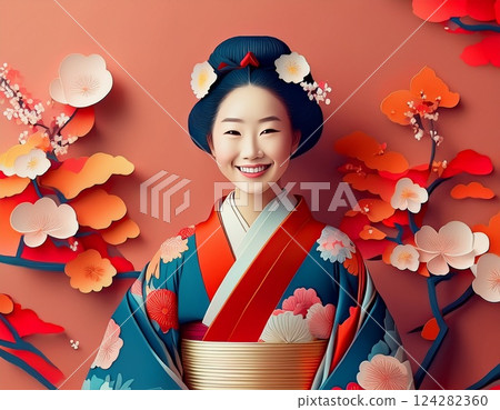 Smiling woman in a kimono illustration 124282360