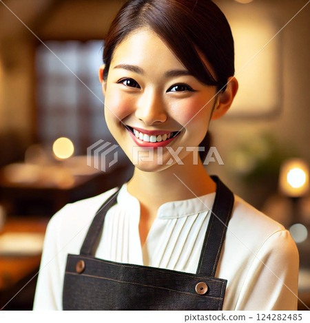 A female hall staff member greets customers with a smile 124282485
