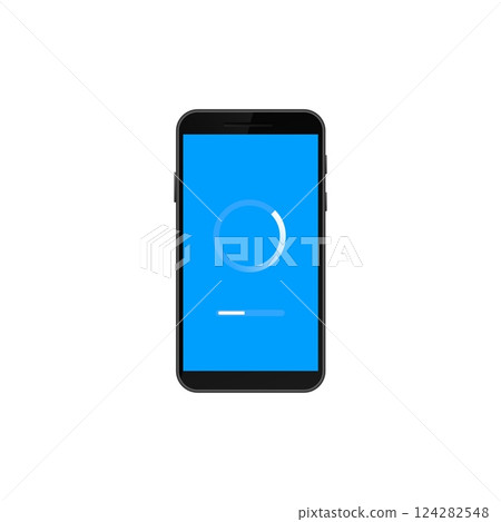Smartphone displaying blue screen with loading circle and progress bar Smartphone displaying blue screen with loading circle and progress bar 124282548