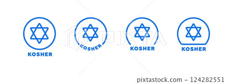 Blue kosher symbols with star of david in circular and arched designs Blue kosher symbols with star of david in circular and arched designs 124282551