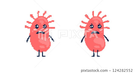 Two cute pixel art creatures with round bodies and silly expressions in playful cartoon style 124282552