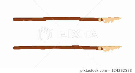 Primitive wooden spear with sharp stone tip for hunting and survival in ancient times 124282558