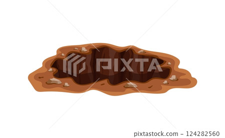 Natural brown earth hole with rocks around its edges on clean background 124282560