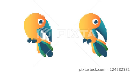 Pixel art parrot pair with bright colors and distinctive features in simple dynamic style 124282581