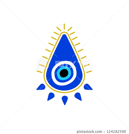 Blue evil eye charm with yellow sunburst design for protection and good luck 124282590