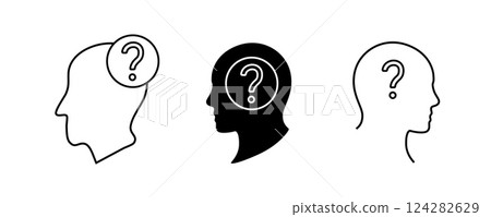 Three silhouettes with question marks symbolizing thought and uncertainty 124282629