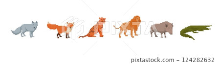 Pixel art animal row with wolf, fox, cheetah, lion, bison, and crocodile Pixel art animal row with wolf, fox, cheetah, lion, bison, and crocodile 124282632