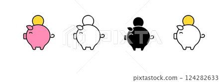 Cute piggy banks with coins in unique colors show varied designs and styles Cute piggy banks with coins in unique colors show varied designs and styles 124282633