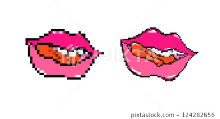Retro style pink lips with pixel art effect and bold red tongue licking playfully 124282656