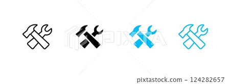 Variety of tool icons featuring hammer and wrench in different styles and colors 124282657