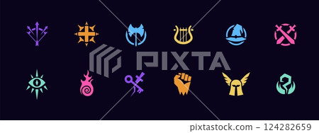 Colorful symbols in rows of twelve icon designs with varied unique artistic concepts 124282659