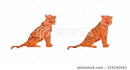 Pixel art tigers facing forward and backward in a simple geometric style Pixel art tigers facing forward and backward in a simple geometric style 124282662