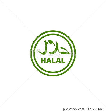 Halal certification symbol in green circle defining permissible and lawful foods for consumption Halal certification symbol in green circle defining permissible and lawful foods for consumption 124282668
