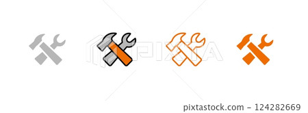 Four hammer and wrench icons in different styles show tool and repair equipment Four hammer and wrench icons in different styles show tool and repair equipment 124282669