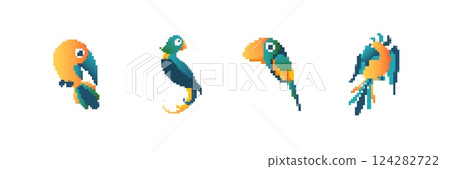 Colorful pixel art parrots in retro style facing different directions left to right Colorful pixel art parrots in retro style facing different directions left to right 124282722