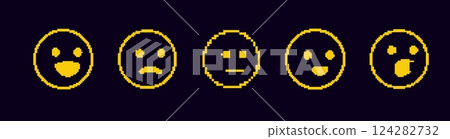 Series of pixel art emoji faces expressing different emotions in a minimalist design Series of pixel art emoji faces expressing different emotions in a minimalist design 124282732