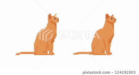 Pixel art cats sitting side by side in simplified style with minimal detail and orange tones Pixel art cats sitting side by side in simplified style with minimal detail and orange tones 124282803