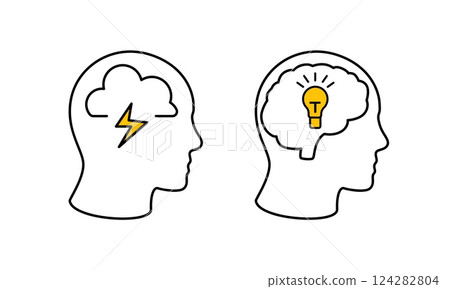 Contrasting minds concept with cloud and lightning versus brain with light bulb icon Contrasting minds concept with cloud and lightning versus brain with light bulb icon 124282804