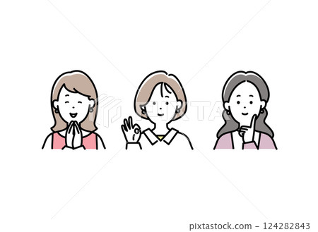 Illustration set of a fashionable woman smiling happily Illustration set of a fashionable woman smiling happily 124282843