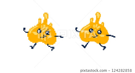 Pixel art style smiling yellow characters with cute expressions and playful poses Pixel art style smiling yellow characters with cute expressions and playful poses 124282858