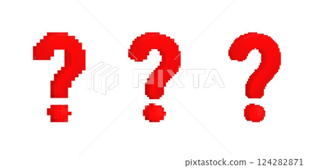 Pixelated red question marks with glossy effect, bold digital punctuation Pixelated red question marks with glossy effect, bold digital punctuation 124282871