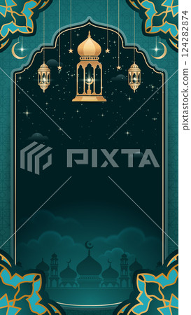 Islamic design emerald green Background with lanterns and mosque for Ramadan Kareem and Eid al Fitr or Adha Greeting Cards Elegant styles, Decoration Lanterns and a Starry Night social media templates Islamic design emerald green Background with lanterns and mosque for Ramadan Kareem and Eid al Fitr or Adha Greeting Cards Elegant styles, Decoration Lanterns and a Starry Night social media templates 124282874