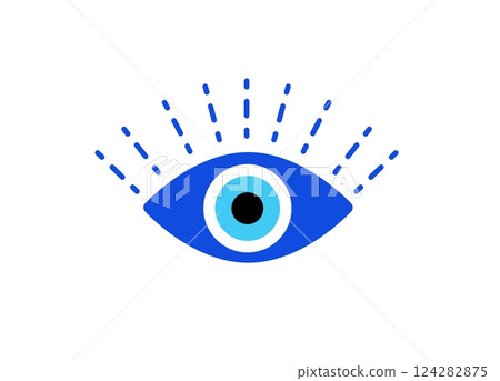 Blue eye symbol with rays on white background, representing vision, awareness, and protection in minimal style Blue eye symbol with rays on white background, representing vision, awareness, and protection in minimal style 124282875
