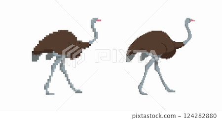 Pixel art ostrich characters walking with long legs and curved necks in simple style 124282880
