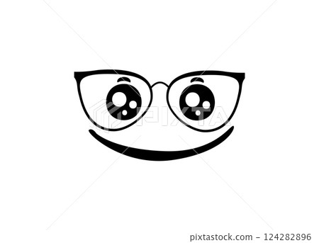 Happy face design with funky glasses and playful smiling expression in simple black and white Happy face design with funky glasses and playful smiling expression in simple black and white 124282896