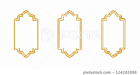 Three geometric orange designs with pixel art style and intricate patterns in vertical alignment 124282898