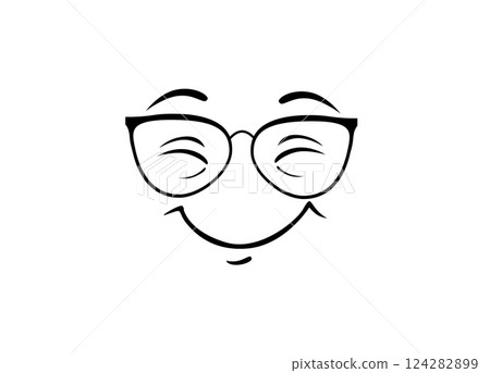 Minimalist smiling face with glasses and closed eyes in simple black line Minimalist smiling face with glasses and closed eyes in simple black line 124282899