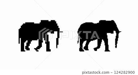 Silhouette of two elephants walking side by side with majestic trunks and large ears visible Silhouette of two elephants walking side by side with majestic trunks and large ears visible 124282900