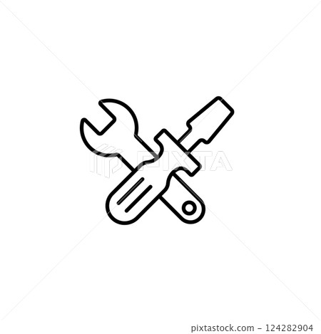 Simple black and white crossed wrench and screwdriver line drawing icon design 124282904