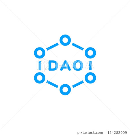 Blue network hexagon icon featuring dao letters inside connected circle shapes 124282909