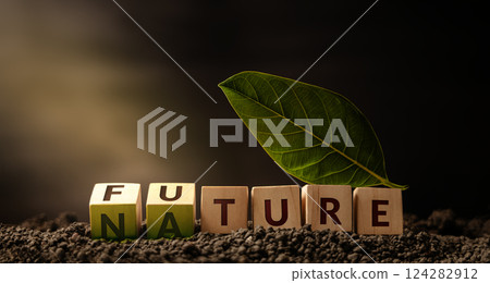 Environmental Concept. Green Energy, Renewable and Sustainable Resources. a Green Leaf on Wooden Cube turing from Future to Nature Environmental Concept. Green Energy, Renewable and Sustainable Resources. a Green Leaf on Wooden Cube turing from Future to Nature 124282912