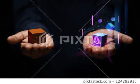 Conceptual Photo. Hands with a real Cube and Digital Cube represent a Business Strategy to Offer Physical or Digital Products to Customer. Conceptual Photo. Hands with a real Cube and Digital Cube represent a Business Strategy to Offer Physical or Digital Products to Customer. 124282913