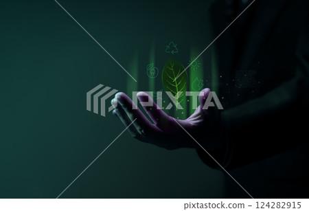 Green Energy, Renewable and Sustainable Resources in Environmental Concept. Holding a Leaf and many Furistic graphic Renewable Icons Green Energy, Renewable and Sustainable Resources in Environmental Concept. Holding a Leaf and many Furistic graphic Renewable Icons 124282915