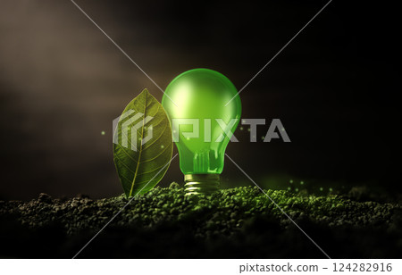 Green Energy, Renewable and Sustainable Resources in Environmental Concept. a Green Leaf with Light Bulb Glow on Dark Soil Green Energy, Renewable and Sustainable Resources in Environmental Concept. a Green Leaf with Light Bulb Glow on Dark Soil 124282916