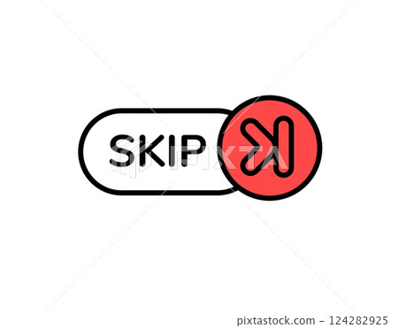 Iconic red skip button with bold lettering and simplistic modern design elements Iconic red skip button with bold lettering and simplistic modern design elements 124282925
