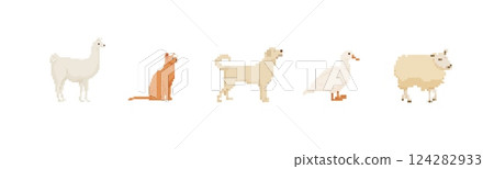 Pixel art animals in a row: llama, cat, dog, duck, and sheep displayed in pixelated style 124282933