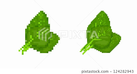 Pixel art green leaves with detailed vivid design in classic retro gaming style 124282943