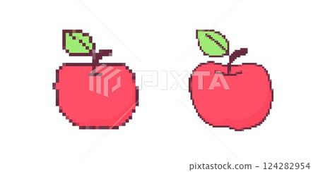 Pixel art red apples with green leaves in retro style Pixel art red apples with green leaves in retro style 124282954
