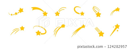 Bright yellow shooting star icons in various shapes on a clear background 124282957