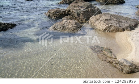 春天平靜清澈的海水、沙灘和礁石 春天平靜清澈的海水、沙灘和礁石 124282959