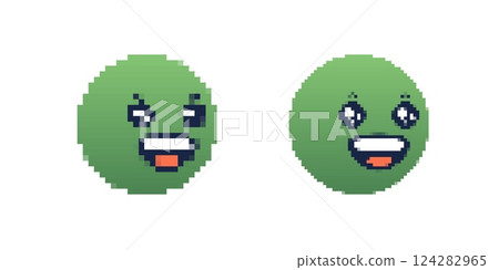 Pixel art of two green smiley faces with different expressions and white teeth Pixel art of two green smiley faces with different expressions and white teeth 124282965