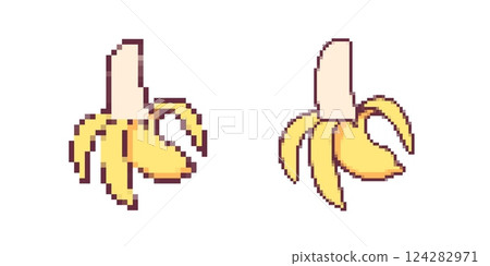 Pixel art bananas with bright yellow peel in retro video game style design 124282971