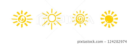 Four unique yellow sun symbols illustrated with simple creative shapes and patterns Four unique yellow sun symbols illustrated with simple creative shapes and patterns 124282974