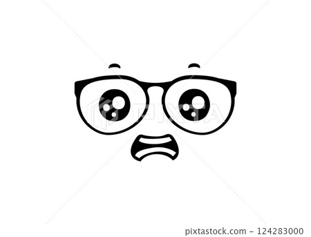 Cartoon face with big eyes and glasses expressing surprise on a simple background 124283000