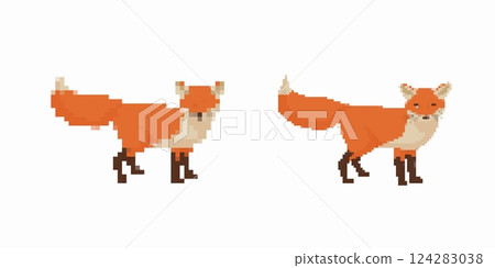 Retro pixel art foxes with orange fur and bushy tails in standing poses Retro pixel art foxes with orange fur and bushy tails in standing poses 124283038