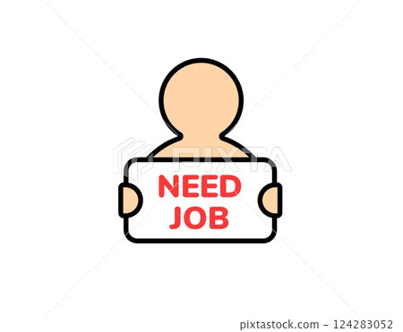 Simplistic person holding job search sign with bold red text 124283052